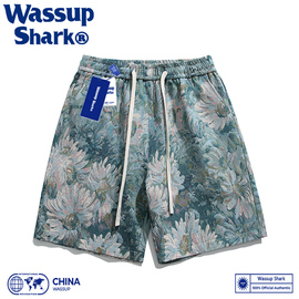 wassupshark美式刺绣花卉短裤，男夏季潮牌ins薄款休闲宽松五分裤