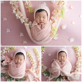 新生儿的摄影服装道具可爱女宝拍照裹布粉色仿真花影楼写真满月照