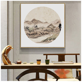 新中式客厅装饰画三联画餐厅玄关壁画山水禅意，书房玄关正方形挂画