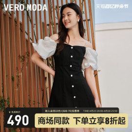 veromoda连衣裙2023秋冬牛仔，拼接一字领泡泡袖收腰甜美优雅