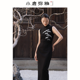 小鹿弥雅《松》原创设计新中式国风刺绣改良旗袍小黑裙连衣裙