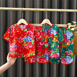 儿童中国风大花套装男女童夏季绵绸，短袖7分裤，宝宝棉质空调服睡衣