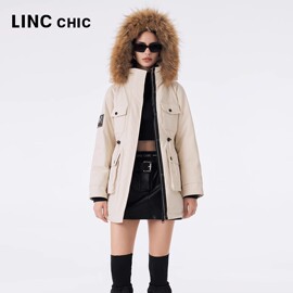 LINCCHIC金羽杰羽绒服女2023秋冬都市机能大毛领中长款派克服