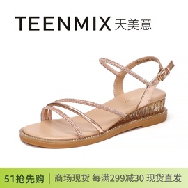 teenmix天美意2024夏圆头(夏圆头)露趾水钻坡跟中跟女鞋凉鞋cti32