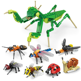 开智昆虫积木男孩拼装玩具益智力，螳螂模型儿童小颗粒动物拼图礼物