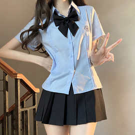 衬衫jk风琴褶短袖女原创泰国校服蓝色夏季制服套装长袖衬衣上衣