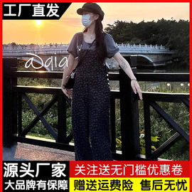 复古减龄碎花牛仔背带裤女宽松小个子高腰显瘦直筒阔腿拖地长裤夏