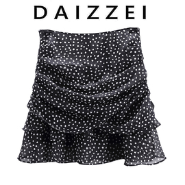 daizzei~2022夏黑白(夏黑白)波点褶皱雪纺小短裙蛋糕a字裙女半身纱裙