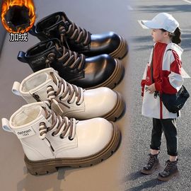 女童冬季马丁靴2023童靴儿童，黑色加绒短靴男童，英伦风保暖皮靴