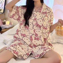 卡通hellokitty凯蒂猫睡衣女夏季短袖可爱学生，纯棉开衫家居服套装