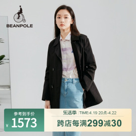 beanpole滨波女士春秋款黑色，韩系气质休闲中长款双排扣风衣外套