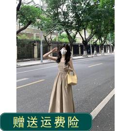 茶歇法式复古吊带连衣裙，女夏季小个子高腰，a字抹胸长裙两件套裙子