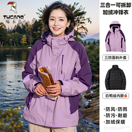 紫色中年妈妈羽绒外套三合一冲锋衣女冬季保暖防风防雨白鸭绒(白鸭绒)内胆