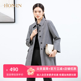 HONRN/红人宽松灰色千鸟格纹翻领休闲羊毛风衣外套中长款女春秋款