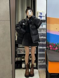 纯手工鳄鱼纹pu皮棉服女2023冬季美式oversize刺绣羽绒服外套