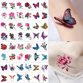 酷马纹身贴纸50张套装，持久彩色玫瑰花朵蝴蝶，遮疤痕创意防水贴纸