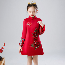 儿童旗袍公主裙唐装中国风，女童拜年服冬装，加厚保暖加绒红色新年服