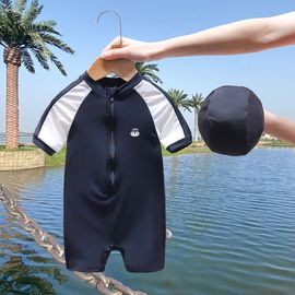 儿童泳衣男童短袖，防晒速干连体泳衣温泉，带帽套装宝宝小童游泳衣潮