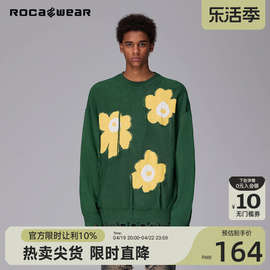 rocawear春秋美式撞色提花，流苏圆领套头毛衣，破洞宽松情侣针织衫潮