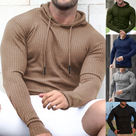 欧美运动健身春秋训练服针织长袖连帽衫套头卫衣潮men sweatshirt