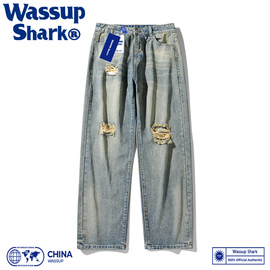 Wassup Shark美式破洞牛仔裤男士夏季宽松直筒阔腿高街休闲长裤子