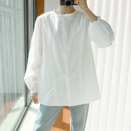 大码衬衫女胖mm200斤长袖春秋宽松正肩设计感纯棉，花边立领白衬衣(白衬衣)