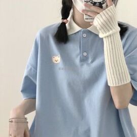 猫系女友短袖t恤女闺蜜夏装日系可爱小熊宽松学院风polo领上衣潮