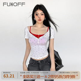 FUNOFF 高智辣妹#复古波点半开扣短袖红色花边吊带背心真两件套装