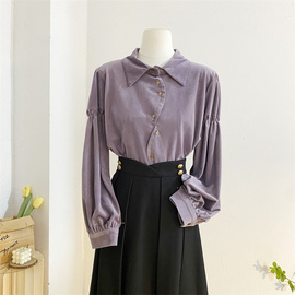 复古港风紫色灯笼袖衬衫女春秋设计感小众不规则洋气翻领长袖上衣