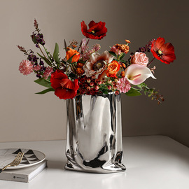 北欧风莫兰迪花瓶干花，摆件创意高级感电镀银色陶瓷花器样板间装饰