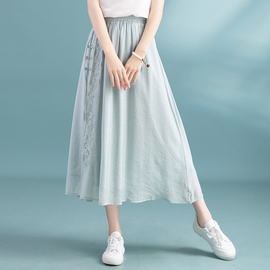 2023夏季女士半身裙a字裙雪纺，显瘦中长款中国风，文艺复古刺绣裙子