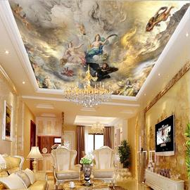 8d欧式吊顶奢华壁纸酒店，会所壁画大堂天花板墙纸，天顶油画人物墙布