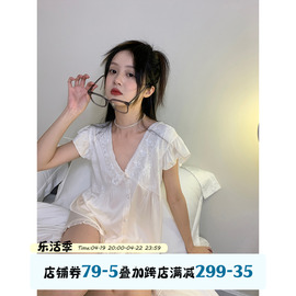 馨帮帮Homedress 夏季甜美蕾丝钩花V领睡衣女套装纯欲缎面家居服