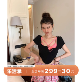 dula好好家黑色短袖t恤上衣女2024夏季+辣妹吊带背心两件套