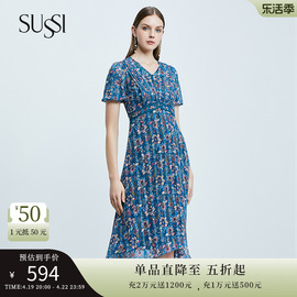 sussi古色夏季蓝色x型，短袖雪纺灯笼袖印花连衣裙女