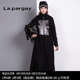 Lapargay纳帕佳2023女装春秋季黑色中长款针织休闲连衣裙显瘦