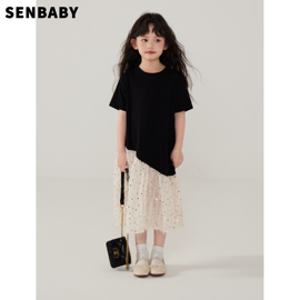 senbaby女童连衣裙儿童夏装裙子女孩韩版不规则短袖T恤拼纱休闲裙