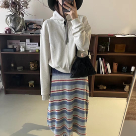 ByJunjun小众设计师 海岛彩条毛巾裙显瘦针织条纹半身裙