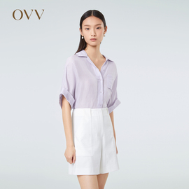 ovvoutlet春夏，女19mm丝麻面料，翻领优雅短袖休闲衬衫