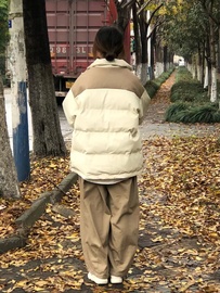 冬季拼接棉服女2022年oversize美式加厚棉袄，外套复古立领棉衣