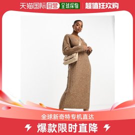 香港直邮潮奢asos女士设计针织v领罗纹驼色长款连衣裙