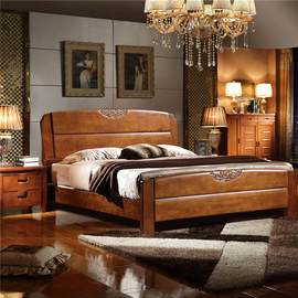 现代中式实木床1.8米双人床结婚床主卧室雕刻橡木床铺简约单人床