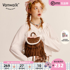 VANWALK牛仔系列 复古可爱少女双肩包ins学生皮质小背包棕色书包