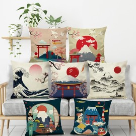 富士山民族复古荷兰绒沙发靠垫套子 日式和风布艺浮世绘双面抱枕