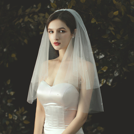 2023森系短款新娘钉珠头纱，超仙白色领证登记拍照道具结婚头饰
