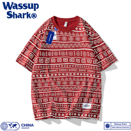 wassupshark潮牌重磅休闲纯棉短袖t恤男夏民族(夏民族)风设计感小众上衣