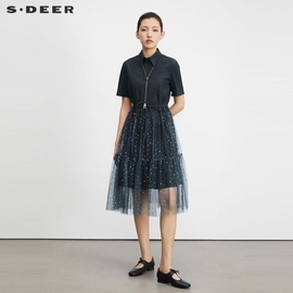 sdeer圣迪奥夏装女装收腰网纱衬衫黑色连衣裙S23261206