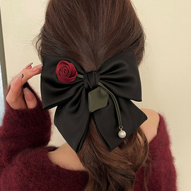 黑色缎面大蝴蝶结玫瑰花发夹高端气质头饰女后脑勺弹簧夹顶夹发卡