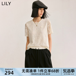 LILY2024夏女装浪漫设计感优雅蕾丝镂空通勤款白色T恤雪纺衫