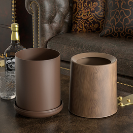 家用桌面垃圾桶创意茶室专用新中式复古仿木纹小号客厅纸篓收纳桶